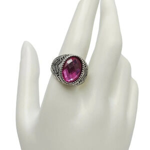 Pink Rhinestone Faux Ruby Silver Tone Statement Dome Ring Size 10 Unisex